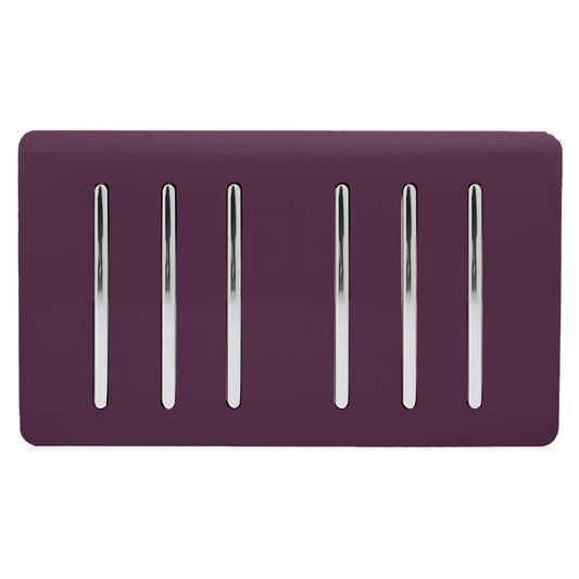 Trendi 6 Gang 2 way 240V Screwless Raised Front Twin Plate Plastic Artistic Modern Glossy 10 Amp Chrome Rocker Quad Electrical Wall Light Switch in Plum Purple - ART-SS66PL