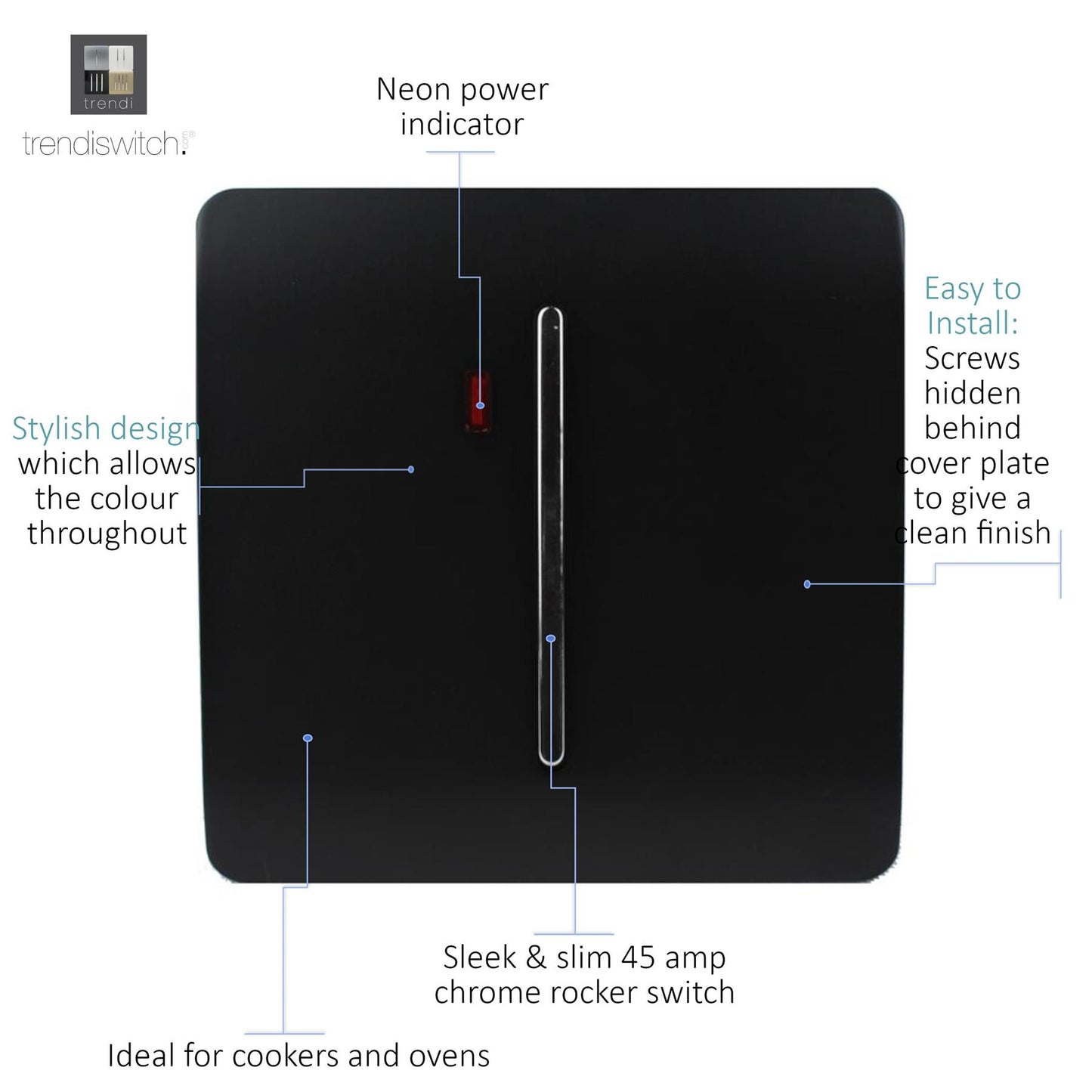 Trendi Artistic Modern 45 A Cooker Light Switch & Neon Insert Black ART-WHS2BK