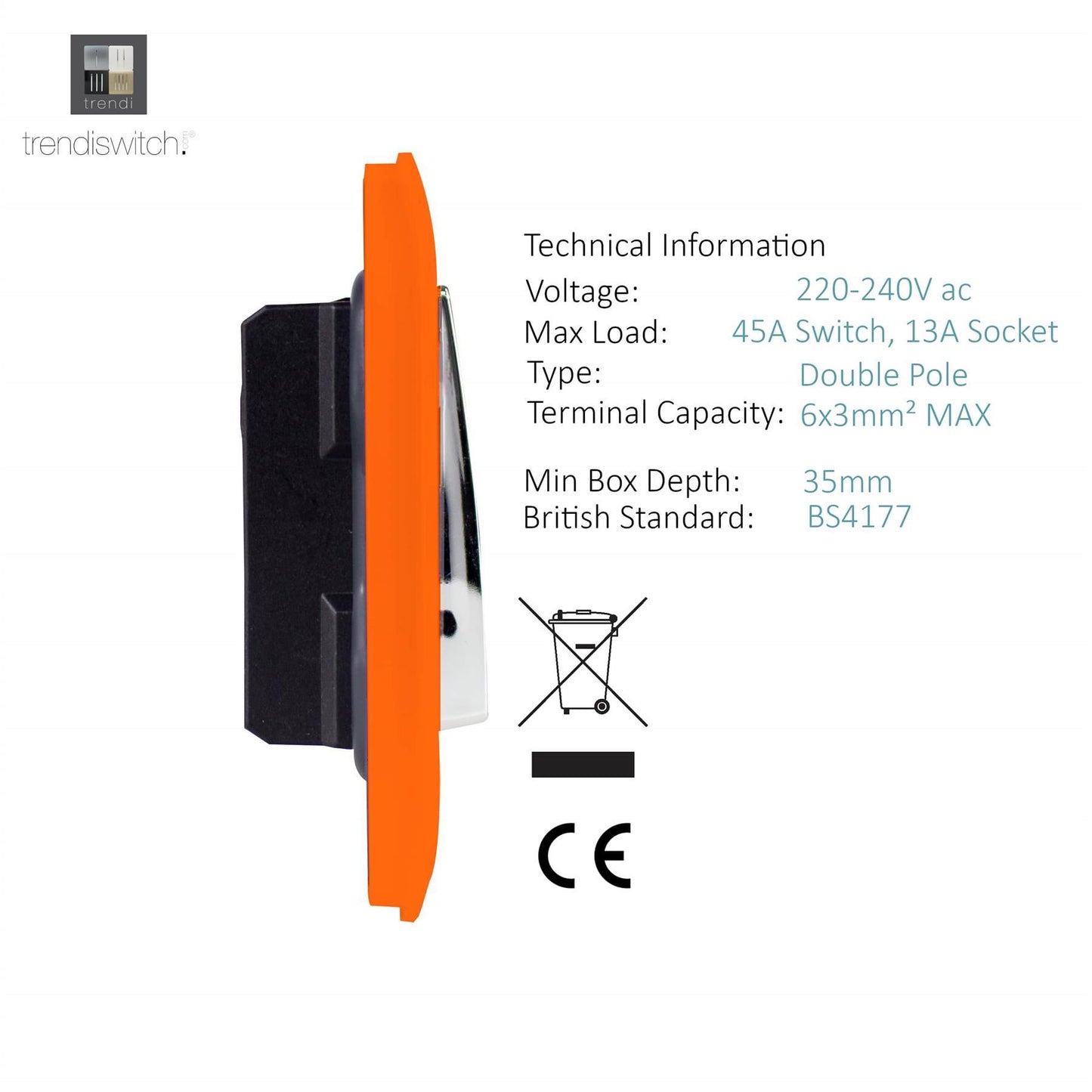 Trendi Artistic Modern Glossy 45 A Cooker Switch & Plug Socket Inc Neon Insert Orange