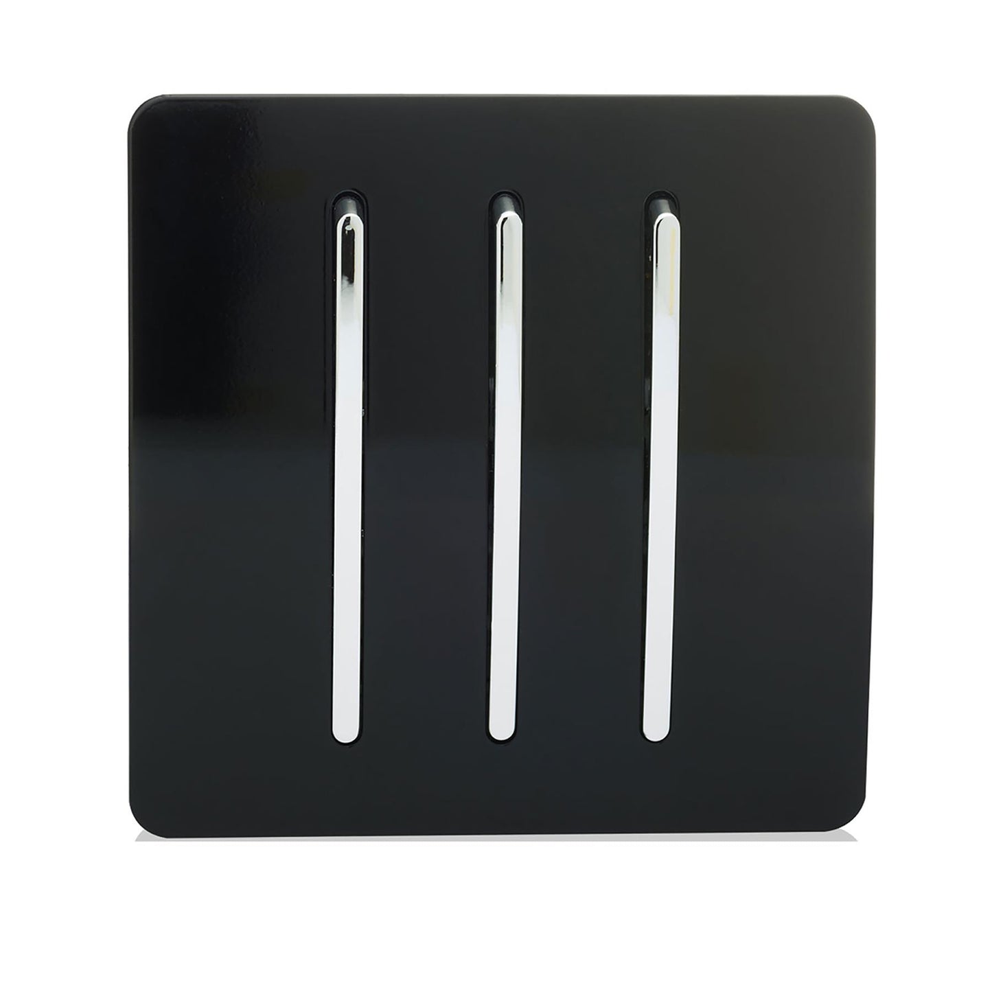 Trendi 3 Gang 2 way 240V Screwless Raised Front Plate Plastic Artistic Modern Glossy 10 Amp Chrome Rocker Triple Electrical Wall Light Switch in Piano Black