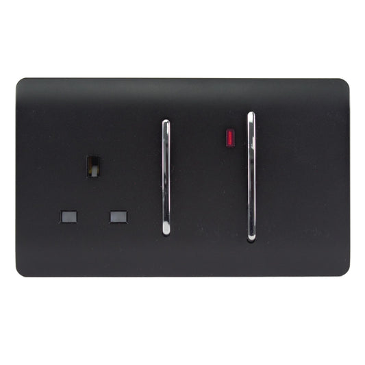 Trendi Switch Screwless Artistic Modern Decorative Glossy 45 A Cooker Switch Control Unit & Single Plug Socket Inc Neon Indicator for Indoor Use in Matt Black