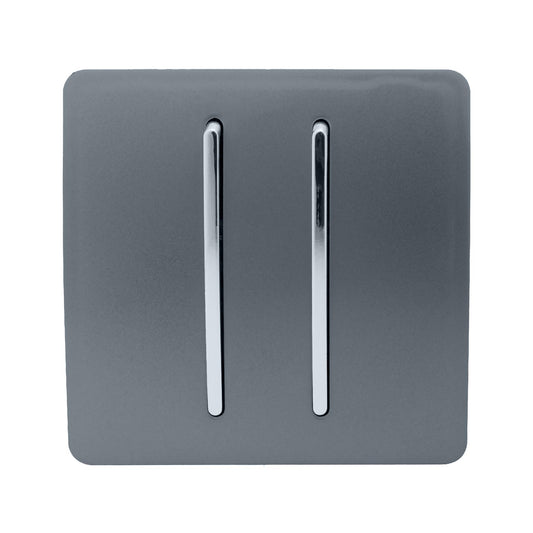 Trendi 2 Gang 3 way (Intermediate) 240V Screwless Raised Front Plate Plastic Artistic Modern Glossy 10 Amp Chrome Rocker Double Electrical Wall Light Switch in Warm Grey