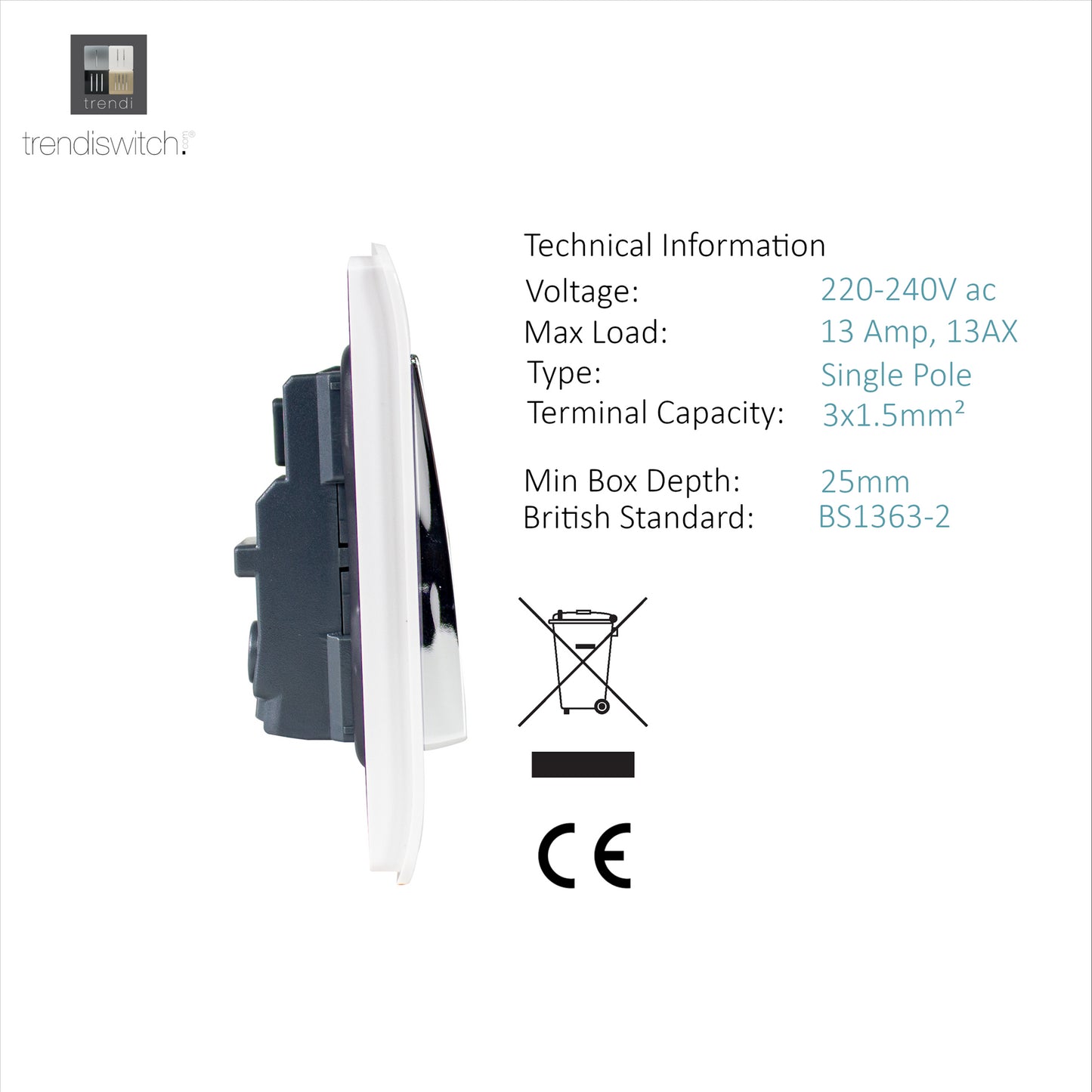 Trendi 1 Gang Artistic Modern 13 Amp Switched Plug Socket White ART-SKT13WH