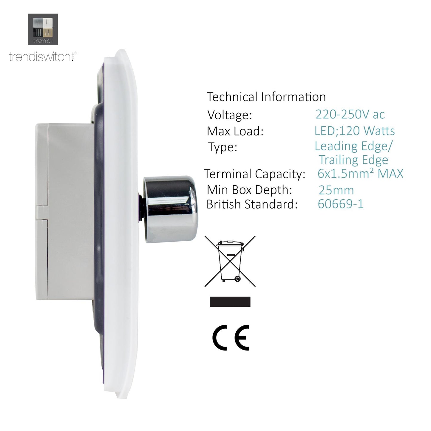 Trendi Artistic Modern Glossy Tactile 2 Gang 2 Way 150w LED Dimmer switch Ice White