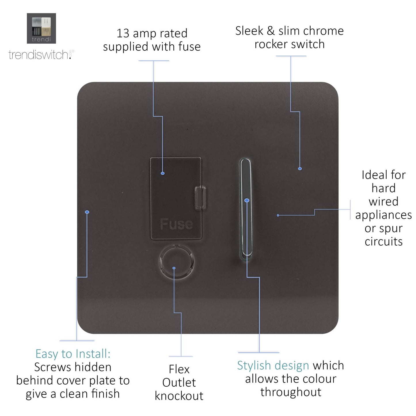 Trendi Switch Screwless Artistic Modern Glossy Tactile 230V Switched 13 A Single Fused Spur Connection Unit with Flex Outlet Chrome Rocker in Dark Mocha Brown