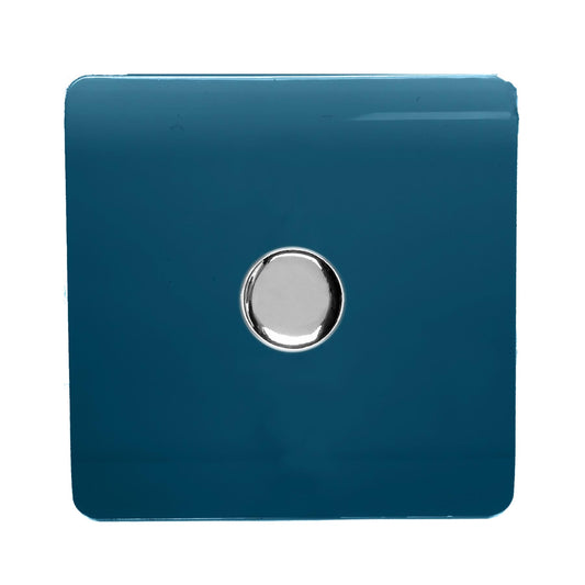 Trendi 1 Gang 2 Way 240V 150w LED Dimmer Screwless Raised Front Plate Plastic Artistic Modern Glossy 10 Amp Chrome Single Electrical Wall Light Switch in Ocean Blue - ART-LDMOB