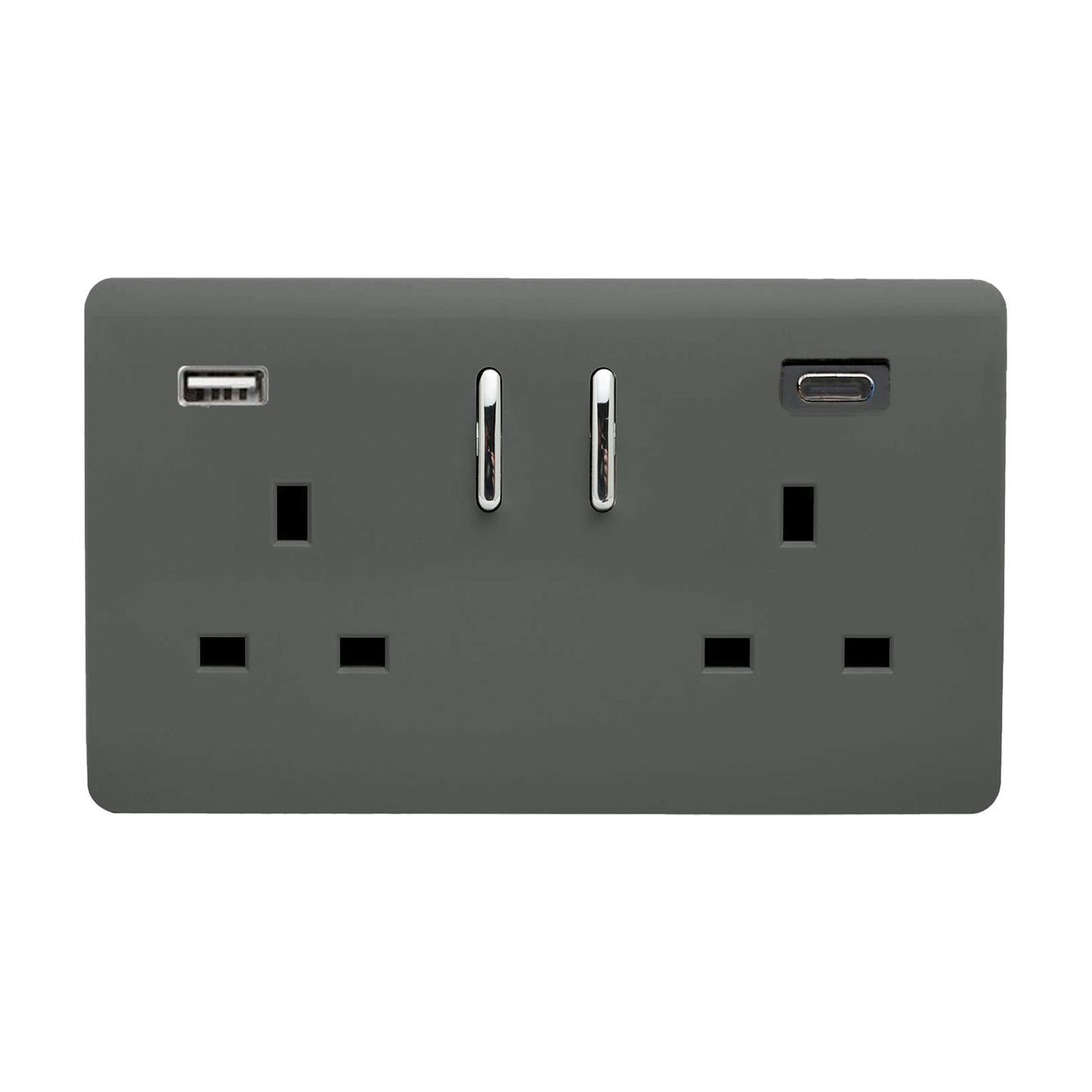 Trendi 2 Gang Artistic Modern Glossy 13 Amp 2 x Type A & C 3.1A USB Switched Plug Socket Charcoal Grey