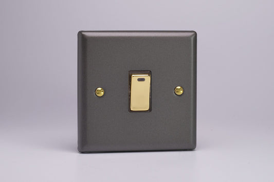 Varilight 1-Gang 20A Double Pole Rocker Switch + Neon Indicator Light in Vogue Slate w/ Brass