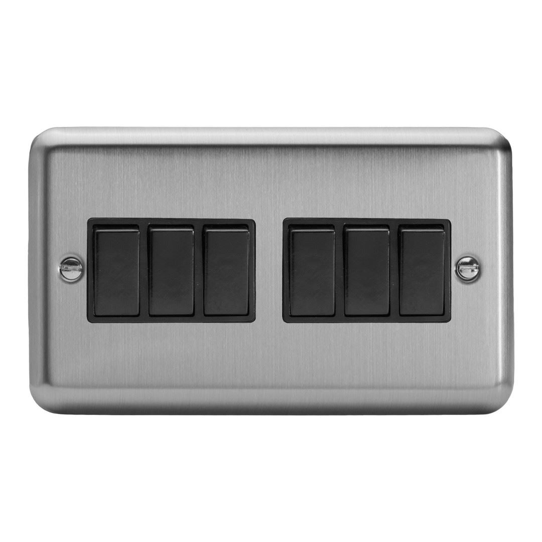 Varilight 6 Gang 1 or 2 Way 10A Rocker Light Switch Brushed Matt Chrome Black Insert XS96B