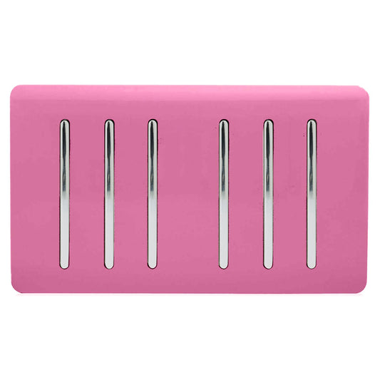 Trendi 6 Gang 2 way 240V Screwless Raised Front Twin Plate Plastic Artistic Modern Glossy 10 Amp Chrome Rocker Quad Electrical Wall Light Switch in Candy Pink- ART-SS66PK