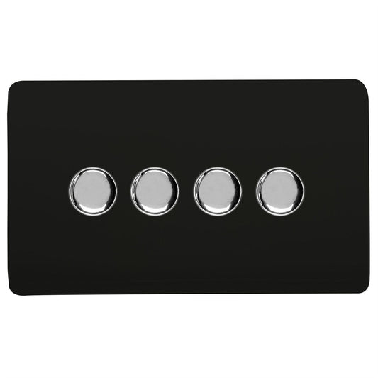 Trendi 4 Gang 2 Way 240V 100w LED Dimmer Screwless Raised Front Plate Plastic Artistic Modern Glossy 10 Amp Chrome Single Electrical Wall Light Switch in Matt Black - ART-4LDMMBK