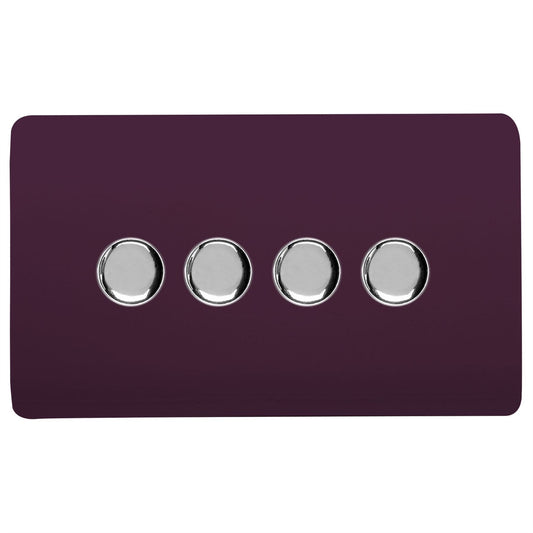 Trendi 4 Gang 2 Way 240V 100w LED Dimmer Screwless Raised Front Plate Plastic Artistic Modern Glossy 10 Amp Chrome Single Electrical Wall Light Switch in Plum Purple - ART-4LDMPL