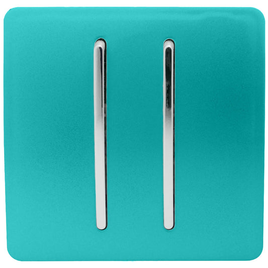 Trendi 2 Gang (2 Way & 3 way Intermediate) 240V Screwless Raised Front Plate Plastic Artistic Modern Glossy 10 Amp Chrome Rocker Double Electrical Wall Light Switch Bright Teal - ART-SS29BT