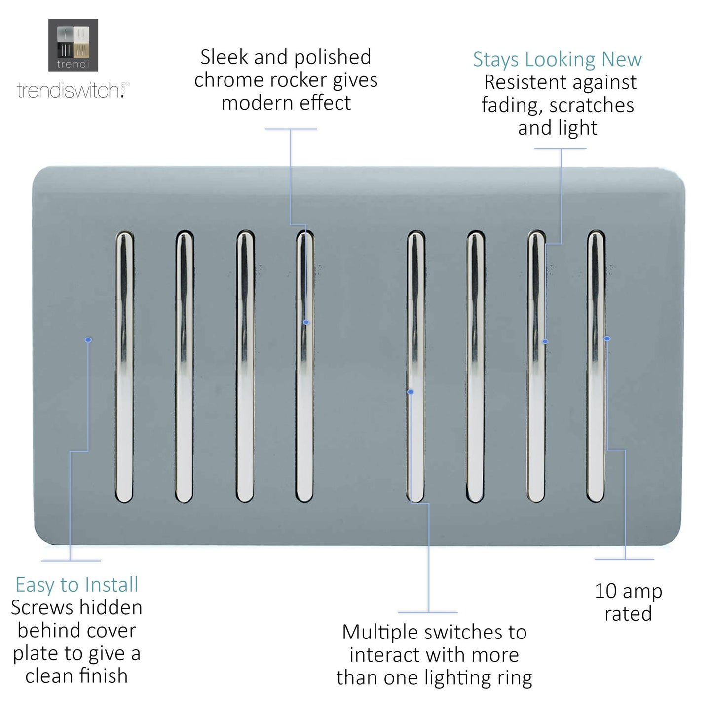 Trendi Artistic Modern Glossy 8 Gang 2 Way Rocker  Double Plate Tactile Light Switch Cool Grey