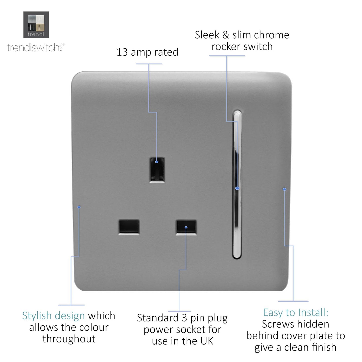 Trendi 1 Gang Artistic Modern Glossy 13 Amp Switched Tactile Plug Socket Light Grey