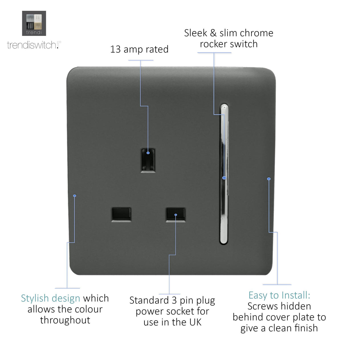 Trendi Trendi 1 Gang Raised Artistic Modern Glossy Screwless 13 Amp Single Po ...