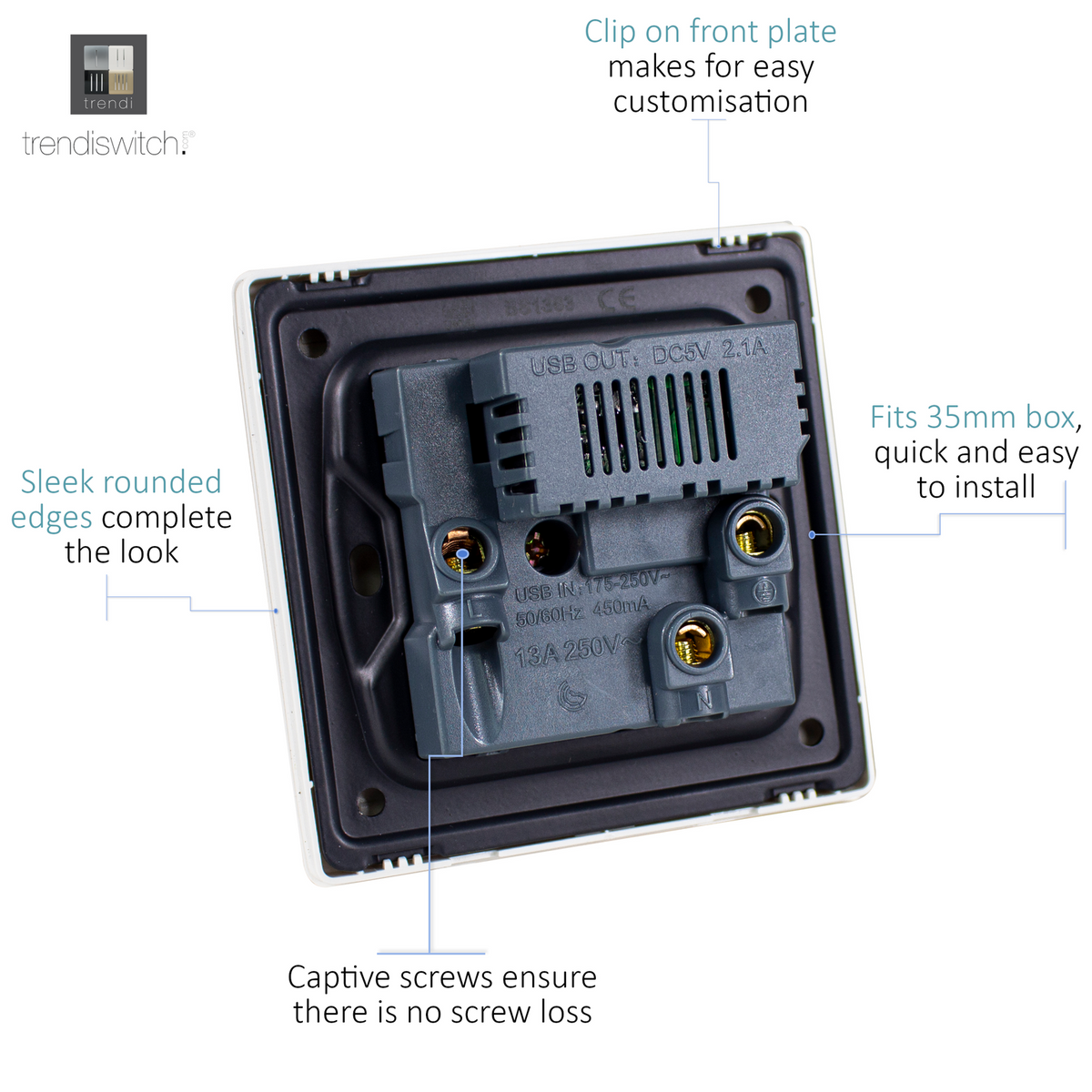 Trendi Trendi 1 Gang Single Switched Screwless Artistic Modern Glossy 13 Amp ...