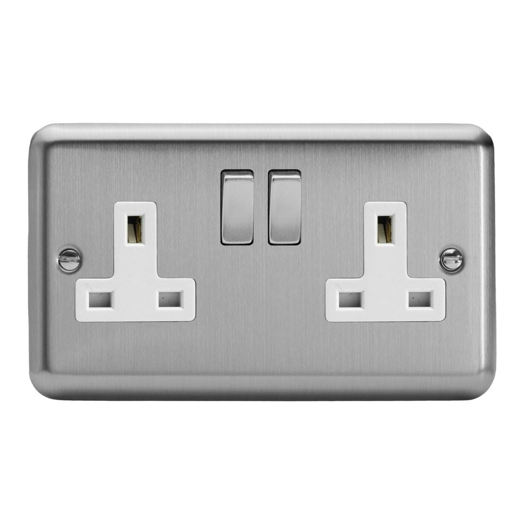 Varilight 2 Gang 13 Amp Switched Electrical Plug Socket Brushed Matt Chrome Dec Switch White Insert XS5DW