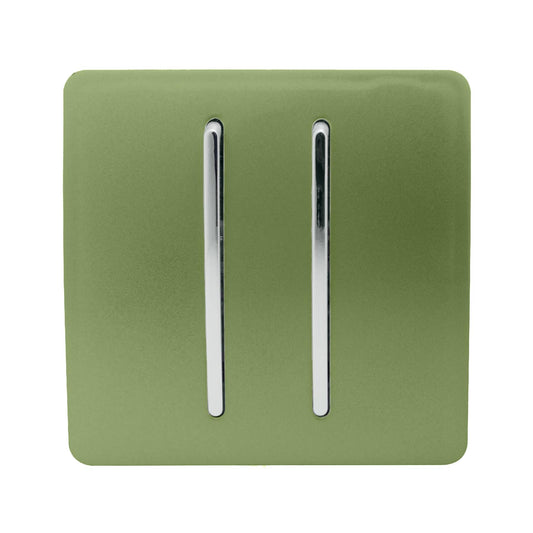 Trendi 2 Gang 2 Way 240V Screwless Raised Front Plate Plastic Artistic Modern Glossy 10 Amp Chrome Rocker Single Electrical Wall Light Switch Moss Green - ART-SS4MG