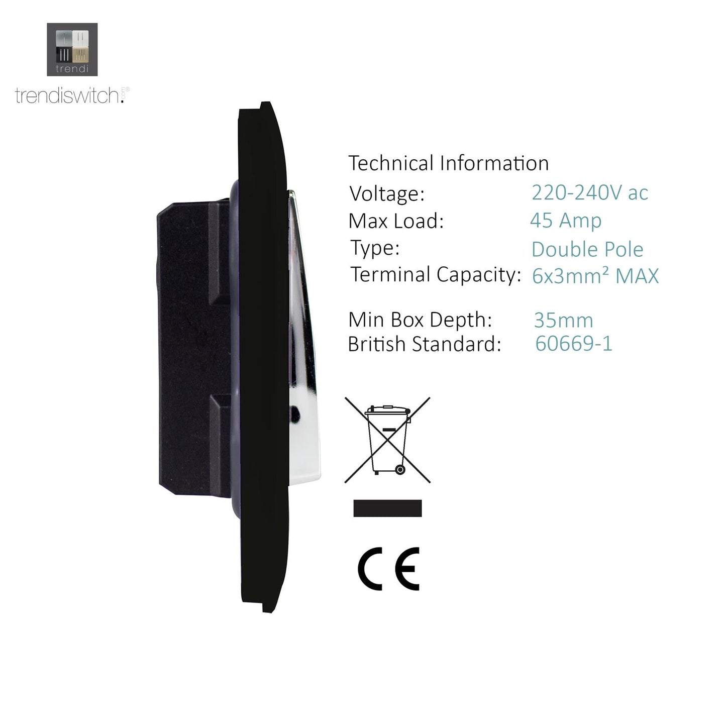 Trendi  45 A Cooker Light Switch & Neon Insert Matt Black Soft Touch