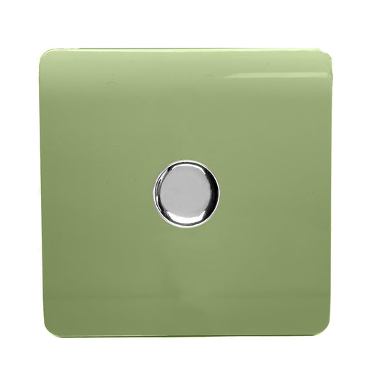 Trendi 1 Gang 2 Way 240V 150w LED Dimmer Screwless Raised Front Plate Plastic Artistic Modern Glossy 10 Amp Chrome Single Electrical Wall Light Switch in Moss Green - ART-LDMMG