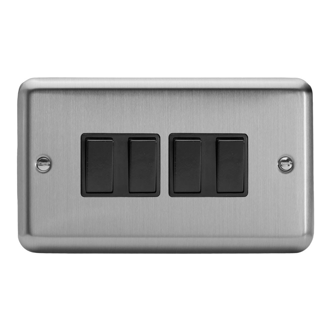 Varilight 4 Gang 1 or 2 Way 10A Rocker Light Switch Brushed Matt Chrome Black Insert XS9B