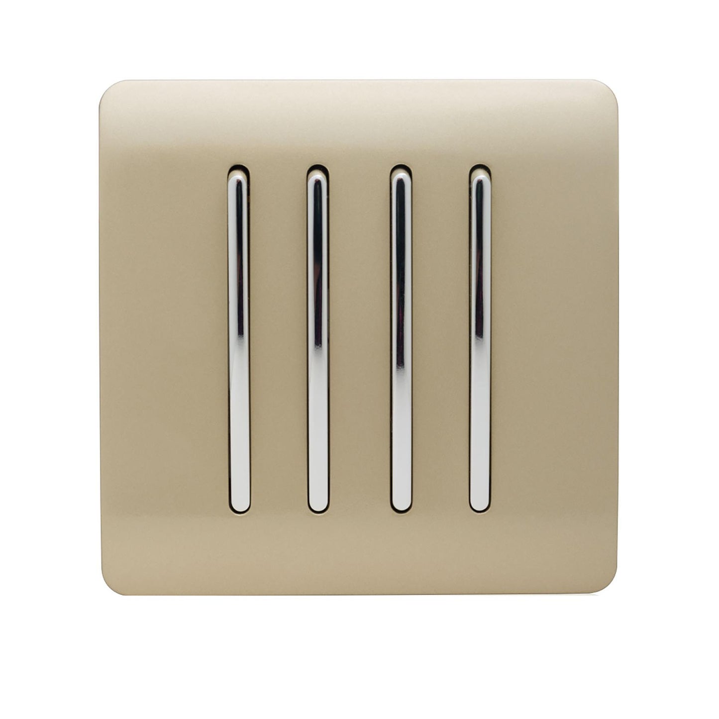 Trendi 4 Gang 2 way 240V Screwless Raised Front Plate Plastic Artistic Modern Glossy 10 Amp Chrome Rocker Quad Electrical Wall Light Switch in Champagne Gold