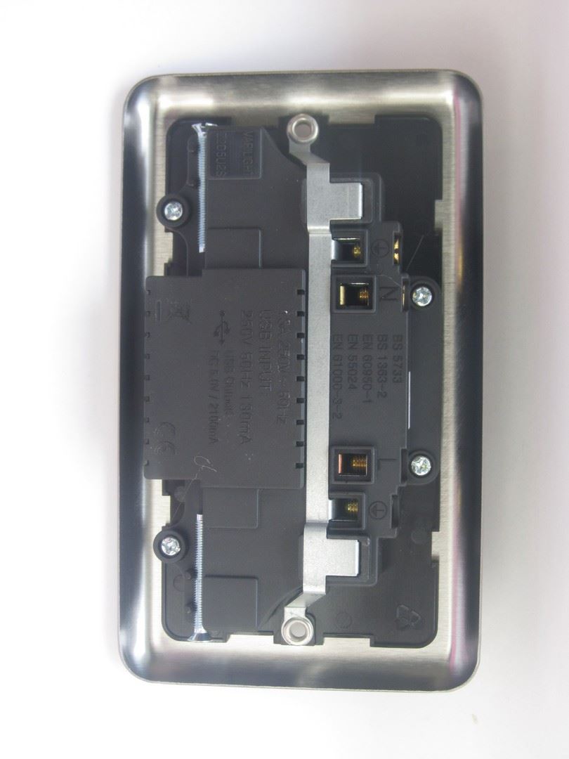 Varilight 2-Gang 13A Double Pole Switched Socket + 2 5V DC 2100mA USB Charging Ports Matt Chrome - XS5U2SW