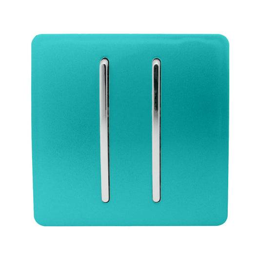Trendi 2 Gang 3 way (Intermediate) 240V Screwless Raised Front Plate Plastic Artistic Modern Glossy 10 Amp Chrome Rocker Double Electrical Wall Light Switch in Bright Teal