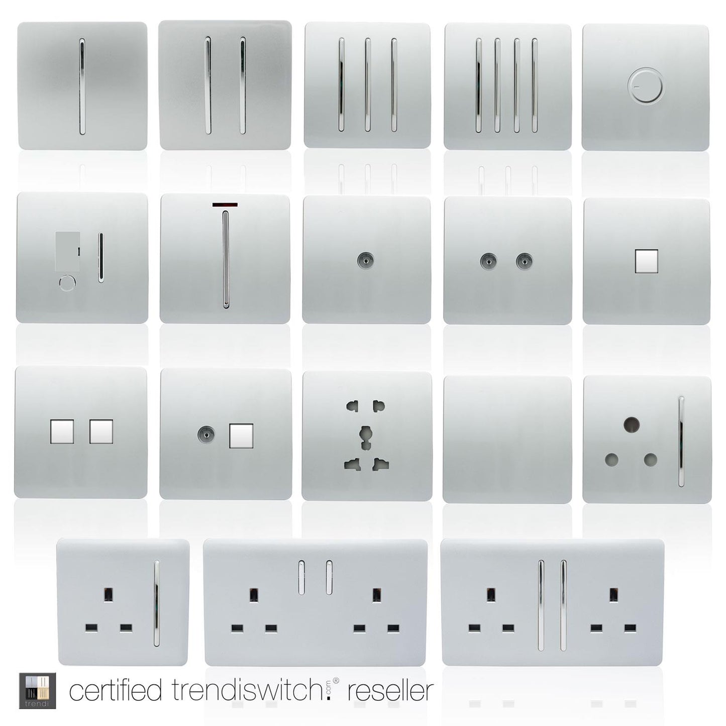Trendi 4 Gang (2 Way & 1x Intermediate) Glossy 10 Amp Rocker Light Switch Silver