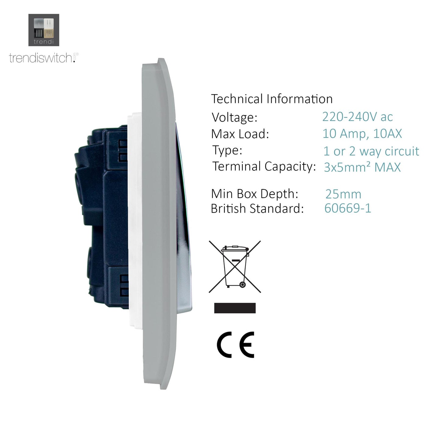 Trendi 8 Gang 2 way 240V Screwless Raised Front Twin Plate Plastic Artistic Modern Glossy 10 Amp Chrome Rocker Quad Electrical Wall Light Switch in Platinum Silver- ART-SS88SI