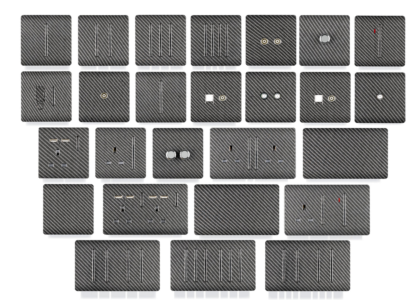 Trendi 2 Gang Artistic Modern Glossy 13 Amp Long Switched Tactile Plug Socket Carbon Fibre (3 Pack)