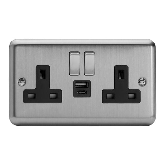 Varilight 2-Gang 13A Single Pole Switched Socket with 1x USB A & 1x USB C Charging Ports in Classic Matt Chrome w/ Steel/Black Insert