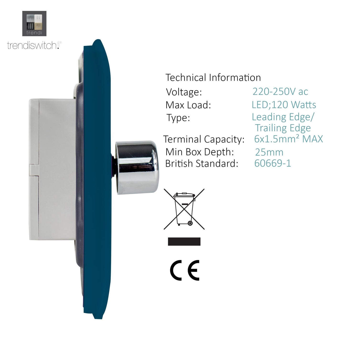 Trendi Artistic Modern Glossy Tactile 1 Gang 2 Way 150w  LED Dimmer switch Midnight Blue