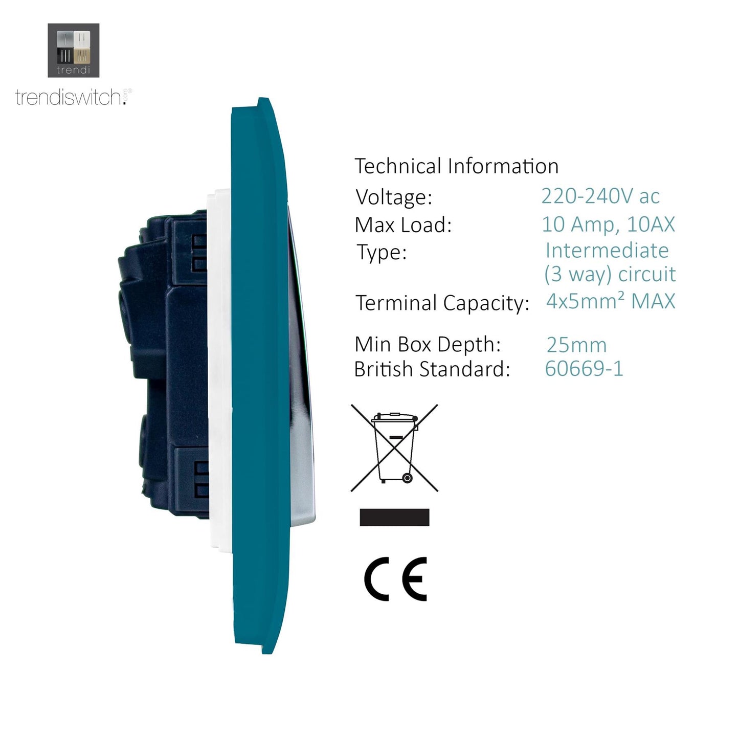 Trendi 2 Gang 3 way (Intermediate) 240V Screwless Raised Front Plate Plastic Artistic Modern Glossy 10 Amp Chrome Rocker Double Electrical Wall Light Switch in Ocean Blue