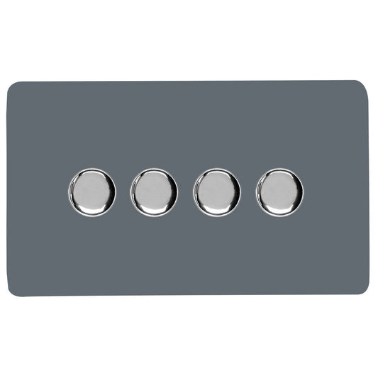 Trendi 4 Gang 2 Way 240V 100w LED Dimmer Screwless Raised Front Plate Plastic Artistic Modern Glossy 10 Amp Chrome Single Electrical Wall Light Switch in Warm Grey - ART-4LDMWG