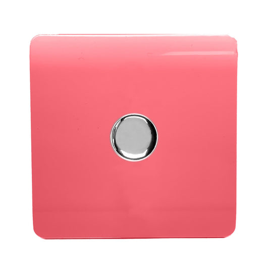 Trendi 1 Gang 2 Way 240V 150w LED Dimmer Screwless Raised Front Plate Plastic Artistic Modern Glossy 10 Amp Chrome Single Electrical Wall Light Switch in Strawberry Red - ART-LDMSB