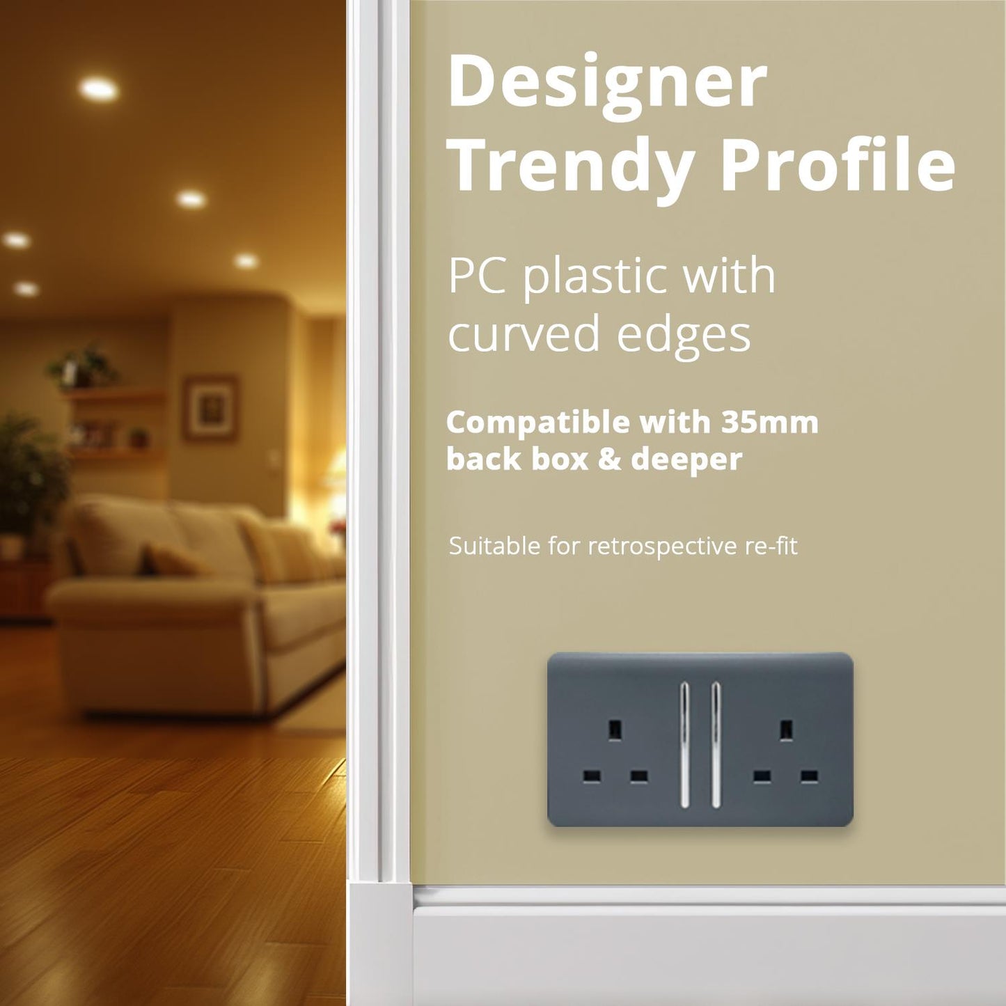 Trendi 2 Gang Artistic Modern Glossy 13 Amp Switched Tactile Plug Socket Warm Grey