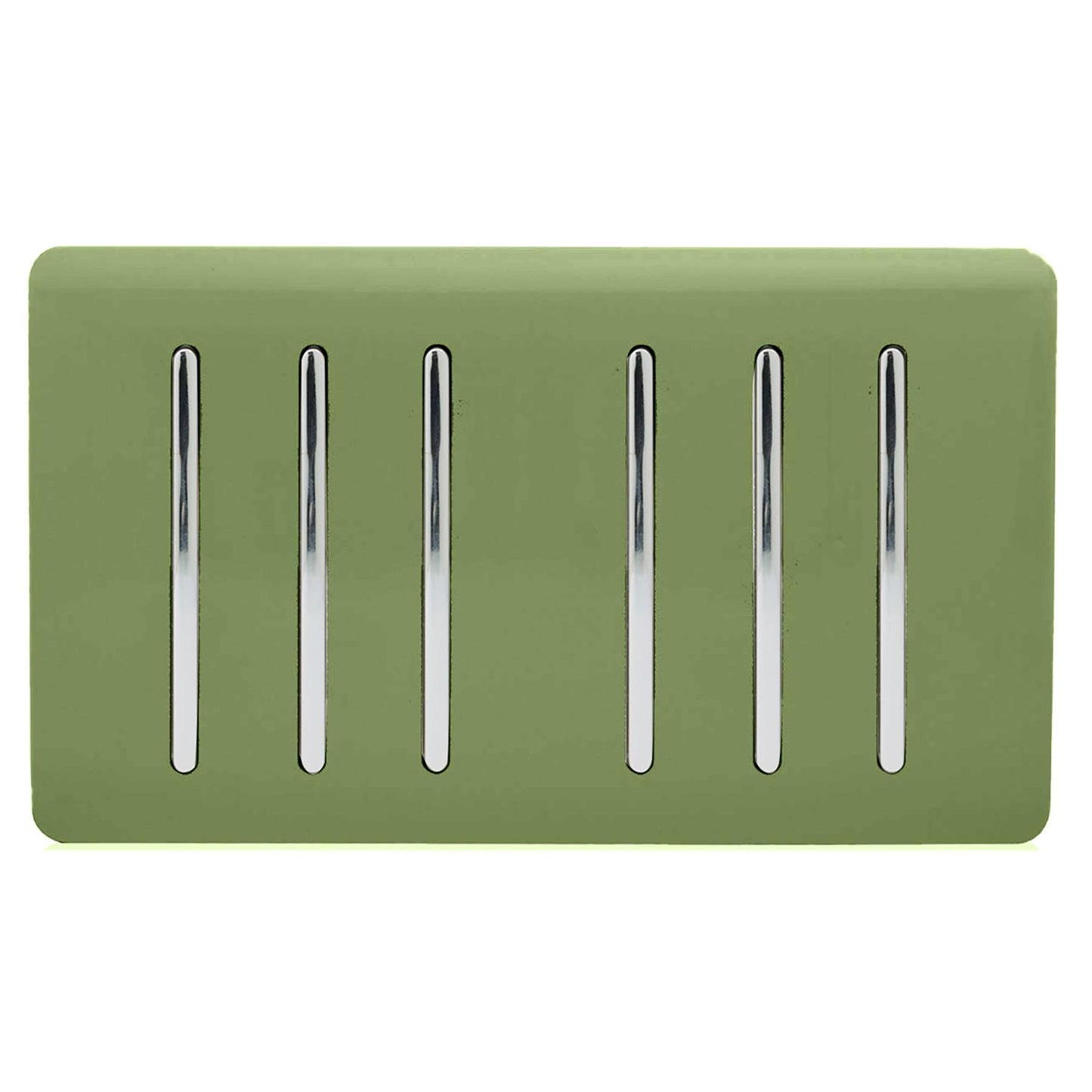 Trendi 6 Gang 2 way 240V Screwless Raised Front Twin Plate Plastic Artistic Modern Glossy 10 Amp Chrome Rocker Quad Electrical Wall Light Switch in Moss Green- ART-SS66MG
