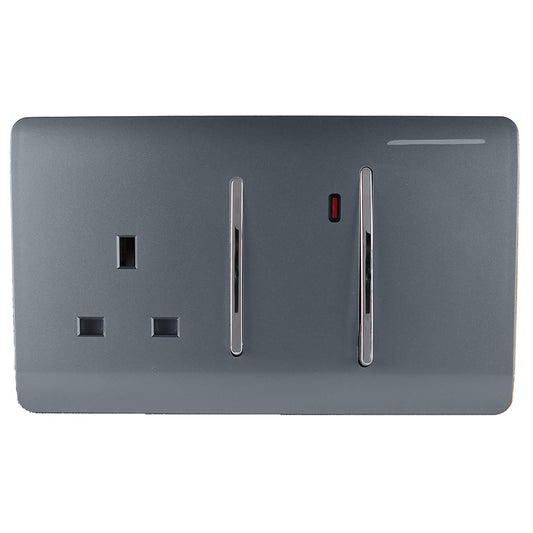 Trendi Switch Screwless Artistic Modern Decorative Glossy 45 A Cooker Switch Control Unit & Single Plug Socket Inc Neon Indicator for Indoor Use in Warm Grey
