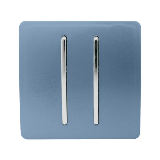 Trendi 2 Gang 3 way (Intermediate) 240V Screwless Raised Front Plate Plastic Artistic Modern Glossy 10 Amp Chrome Rocker Double Electrical Wall Light Switch in Sky Blue