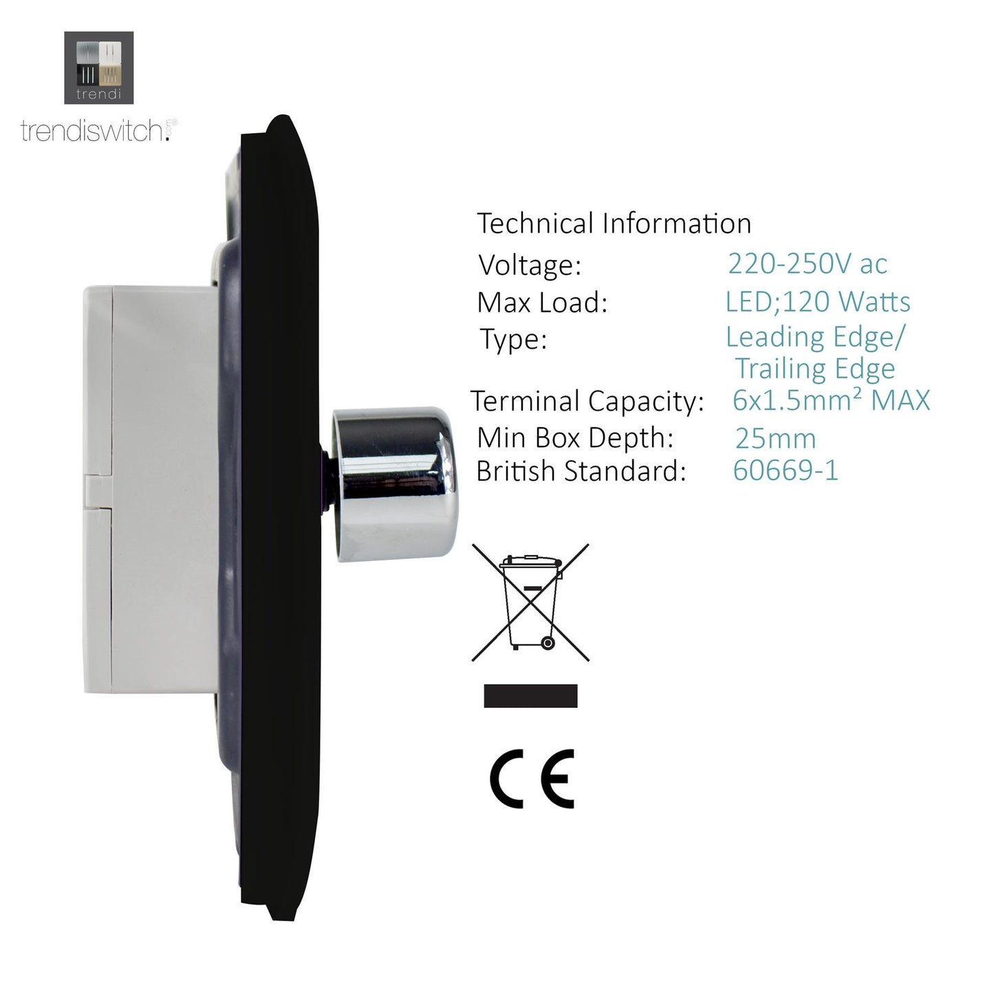 Trendi 1 Gang 2 Way 240V 150w LED Dimmer Screwless Raised Front Plate Plastic Artistic Modern Glossy 10 Amp Chrome Single Electrical Wall Light Switch in Carbon Fibre - ART-LDMCF