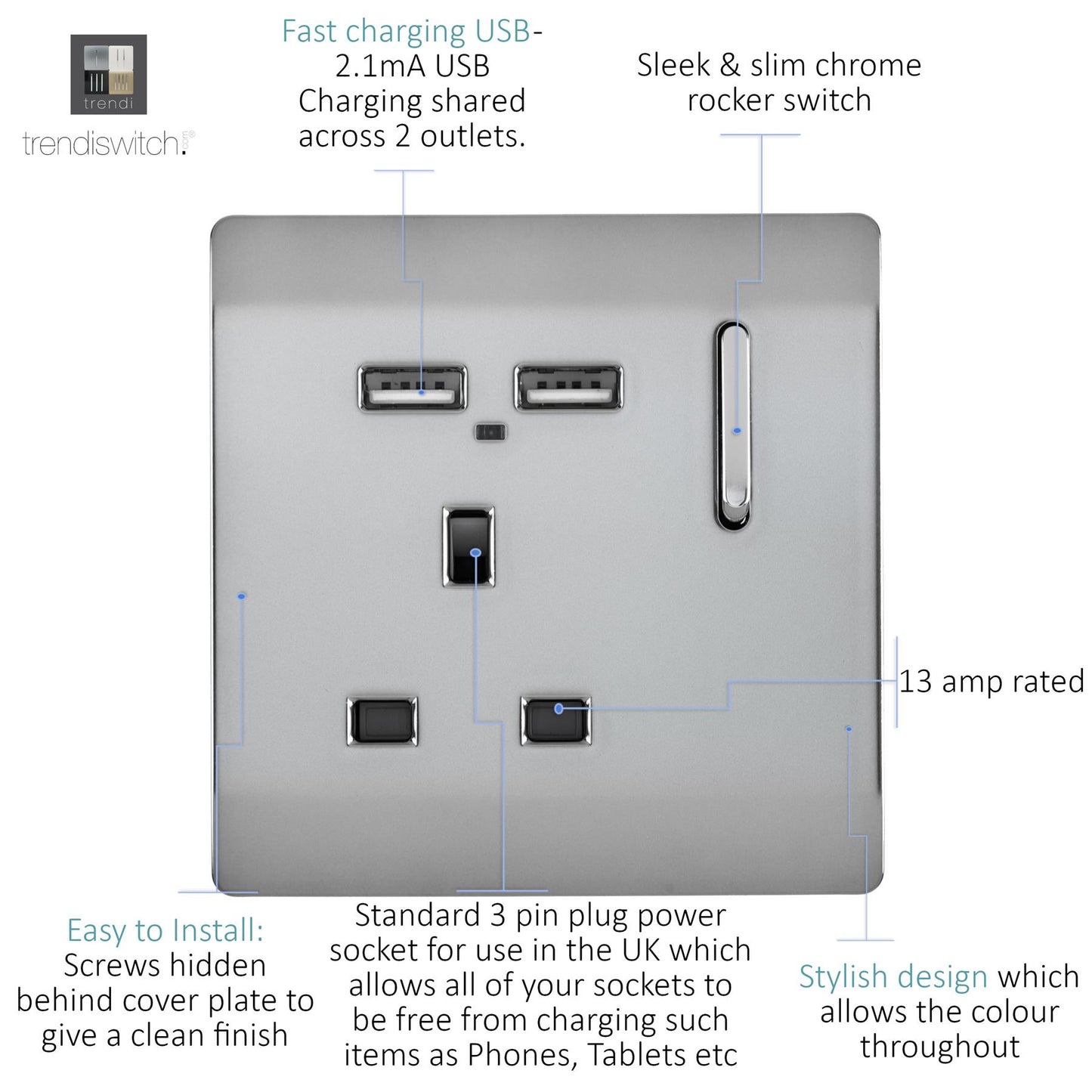 Trendi 1 Gang Artistic Modern Glossy 13 Amp 2 x 2.1mA USB Switched Plug Socket Stainless Steel