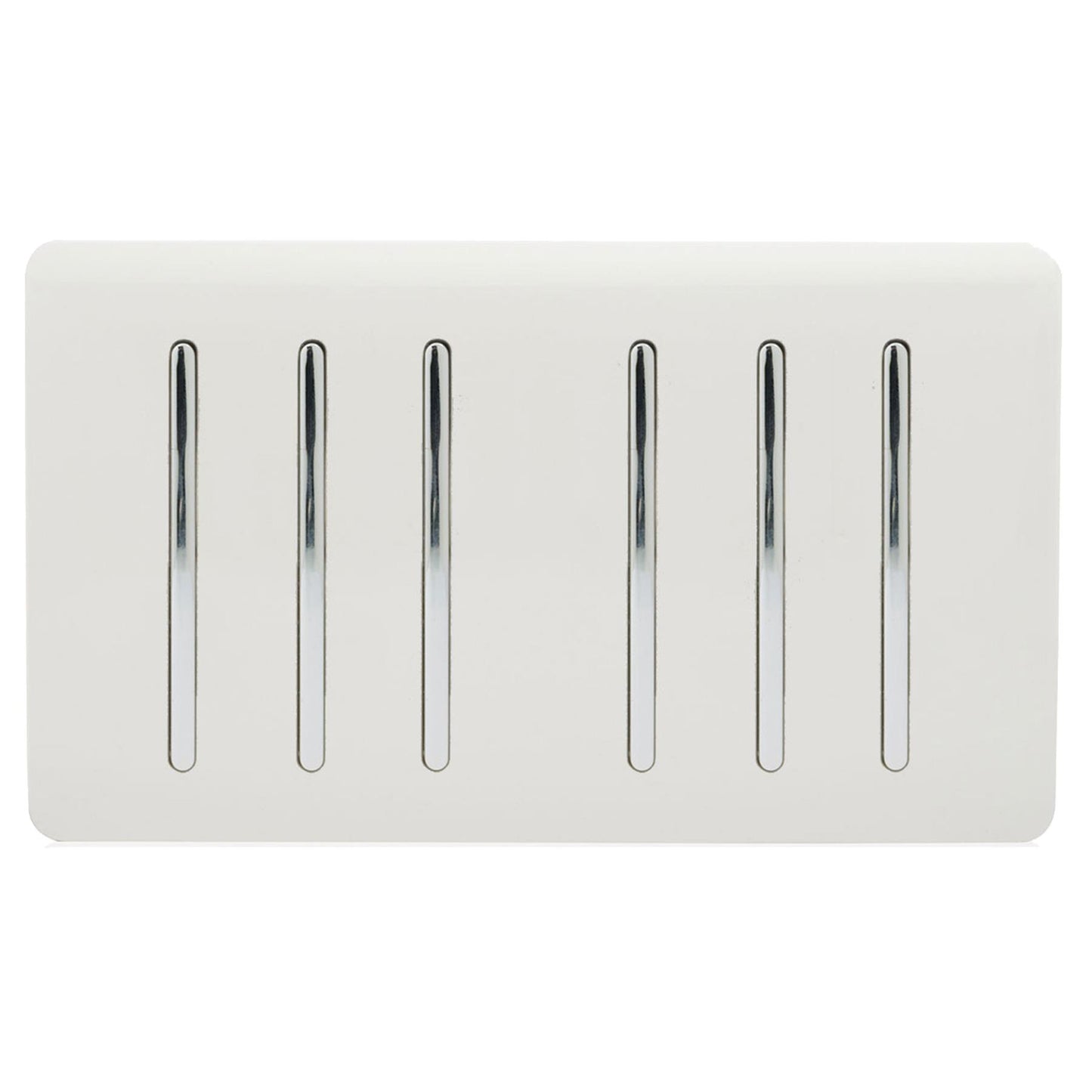 Trendi 6 Gang 2 way 240V Screwless Raised Front Twin Plate Plastic Artistic Modern Glossy 10 Amp Chrome Rocker Quad Electrical Wall Light Switch in Ice White - ART-SS66WH