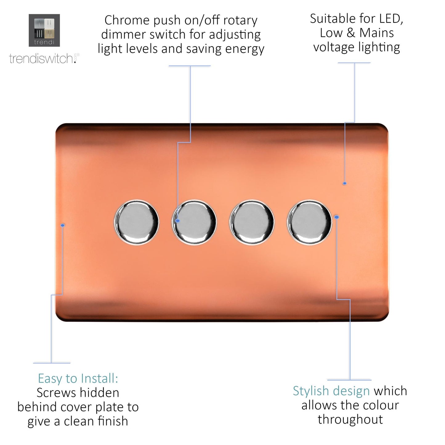 Trendi 4 Gang 2 Way 240V 100w LED Dimmer Screwless Raised Front Plate Plastic Artistic Modern Glossy 10 Amp Chrome Single Electrical Wall Light Switch in Copper - ART-4LDMCPR