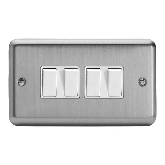 Varilight 4 Gang 1 or 2 Way 10A Rocker Light Switch Brushed Matt Chrome White Insert XS9W