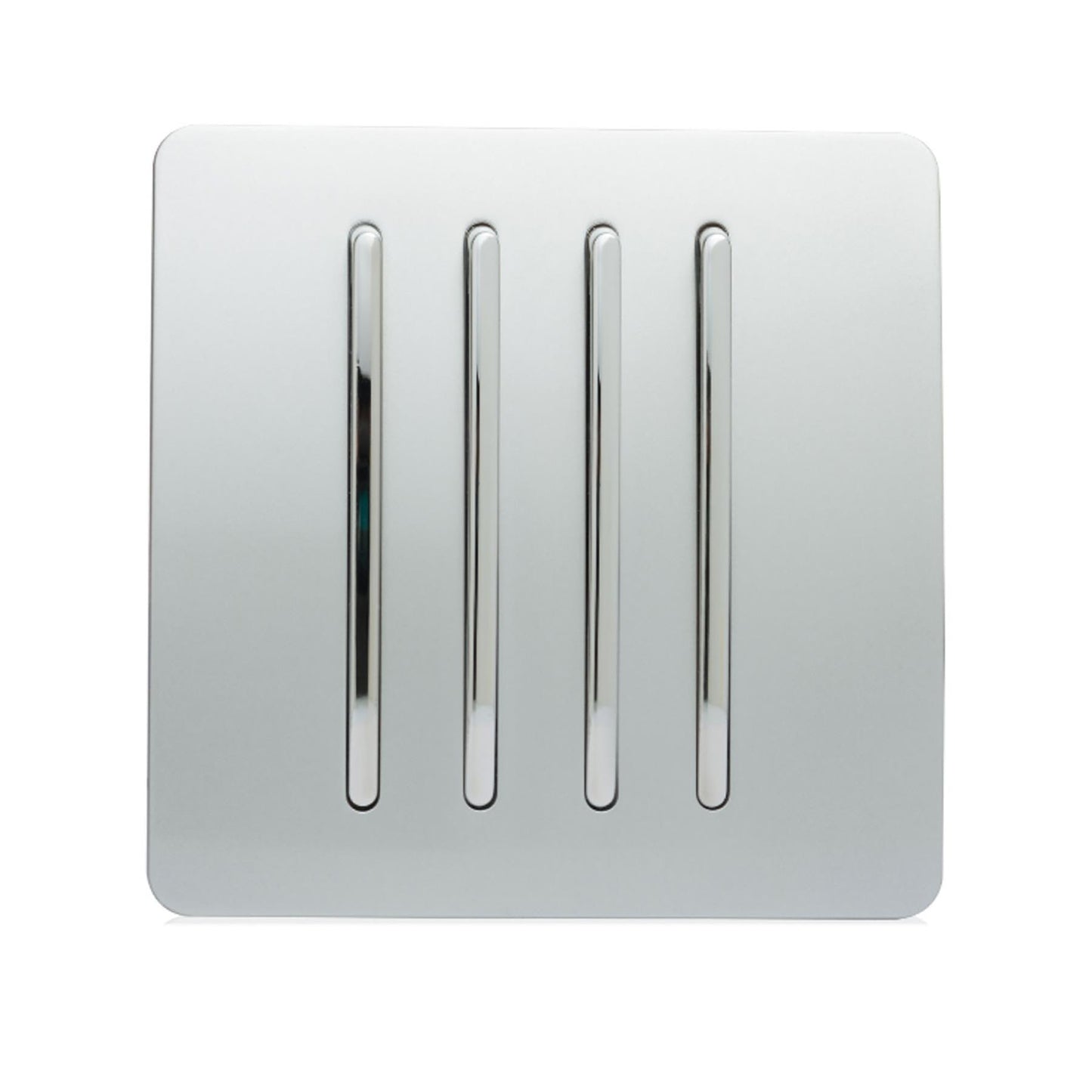 Trendi 4 Gang 2 way 240V Screwless Raised Front Plate Plastic Artistic Modern Glossy 10 Amp Chrome Rocker Quad Electrical Wall Light Switch in Platinum Silver