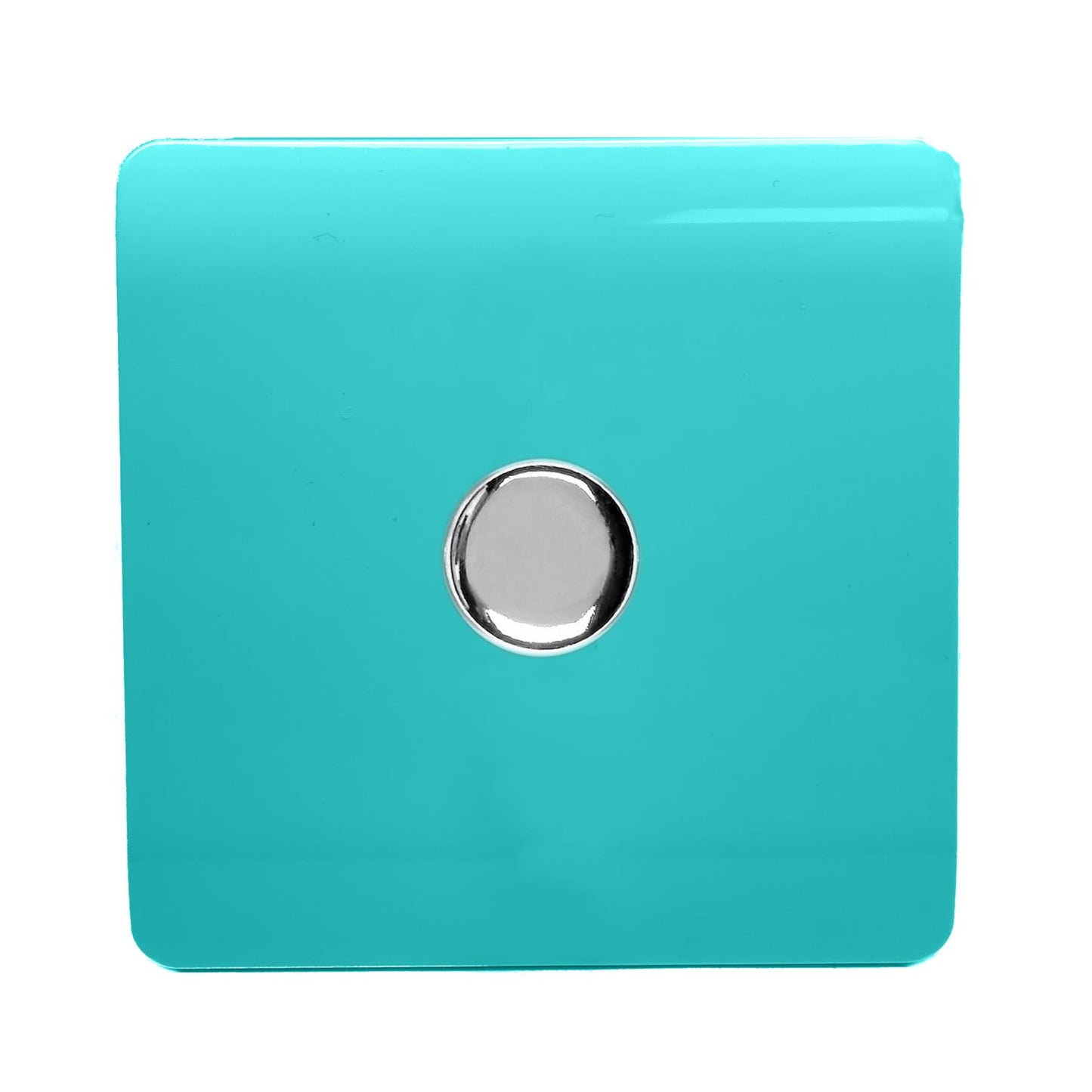 Trendi 1 Gang 2 Way 240V 150w LED Dimmer Screwless Raised Front Plate Plastic Artistic Modern Glossy 10 Amp Chrome Single Electrical Wall Light Switch in Bright teal - ART-LDMBT