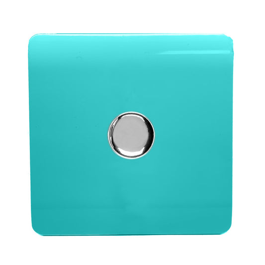Trendi 1 Gang 2 Way 240V 150w LED Dimmer Screwless Raised Front Plate Plastic Artistic Modern Glossy 10 Amp Chrome Single Electrical Wall Light Switch in Bright teal - ART-LDMBT