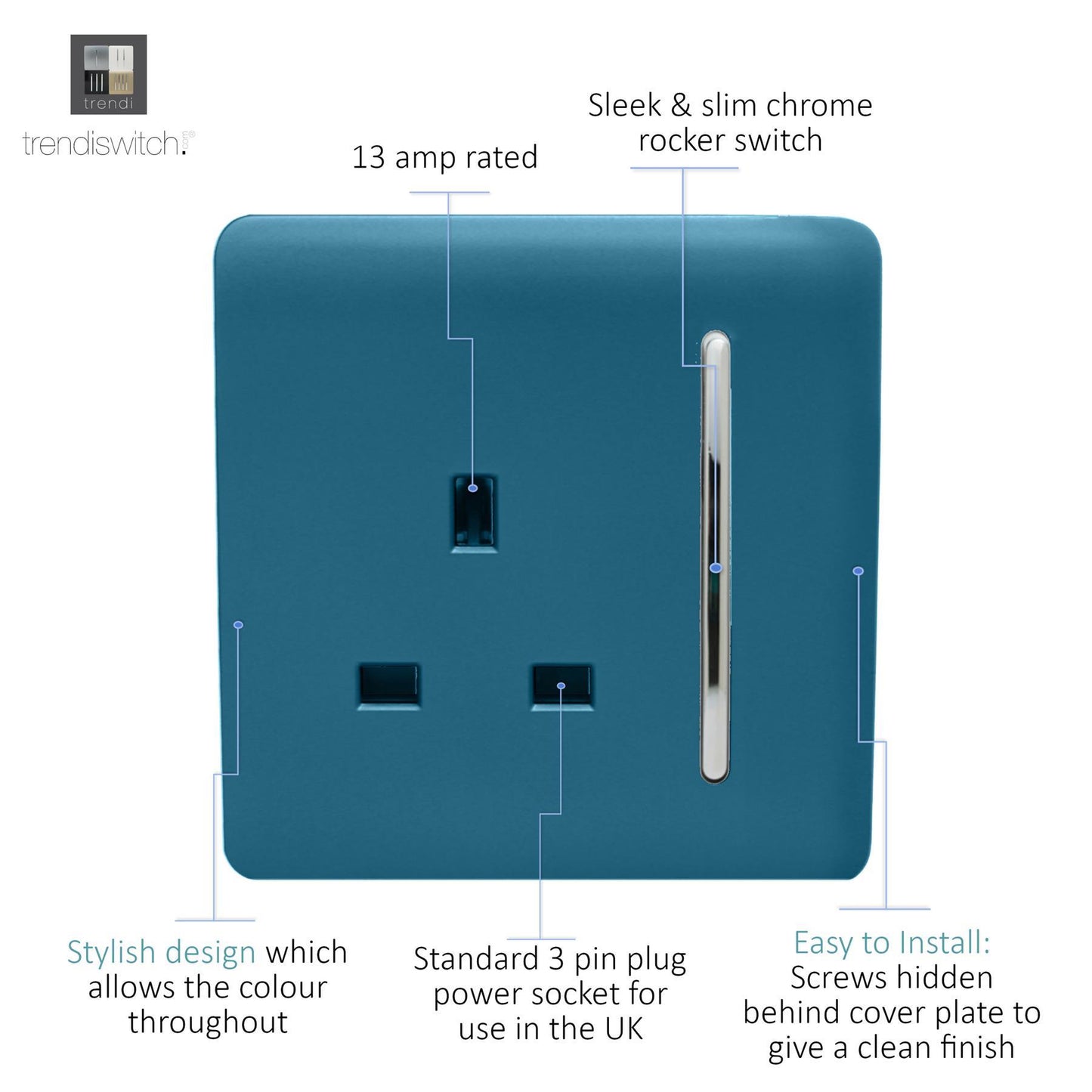 Trendi 1 Gang Artistic Modern Glossy 13 Amp Switched Tactile Plug Socket Ocean Blue